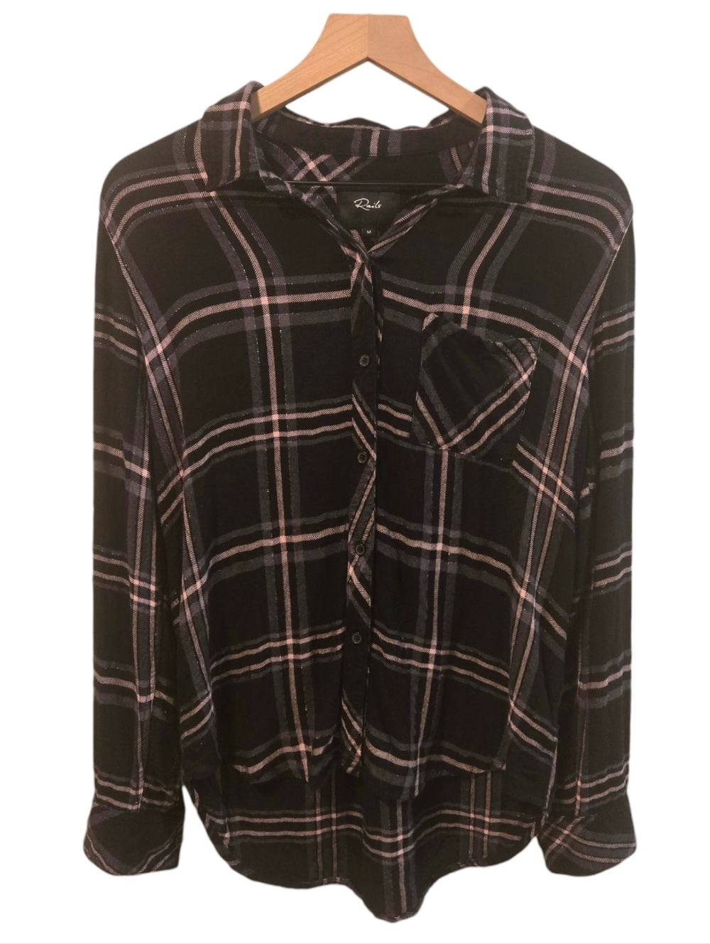 Rails Hunter Onyx Rose Gold Metallic Plaid Long Sleeve Button Down Top Medium